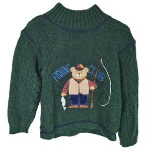 Vintage Fishing Bear Green Knit Sweater Toddler Size